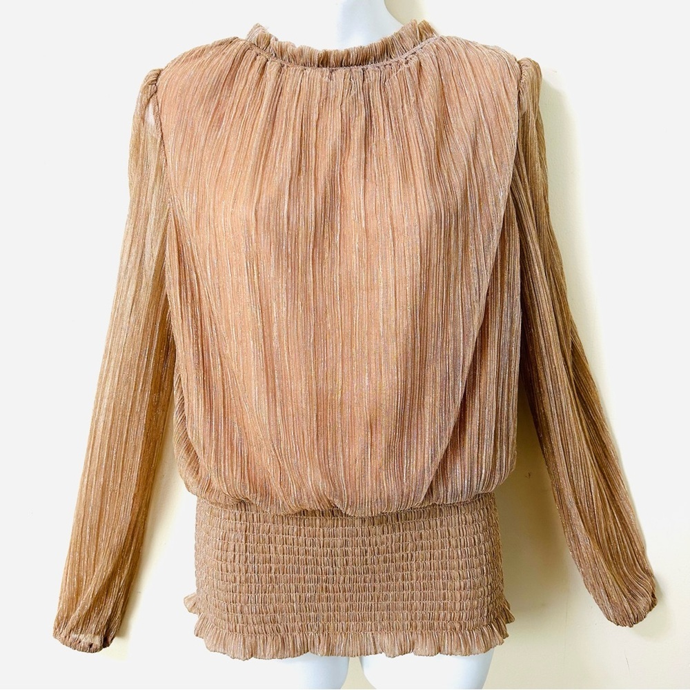 Joie Women’s metallic shimmer long sleeve smocked bottom Rose Gold blouse size M - Picture 2 of 8